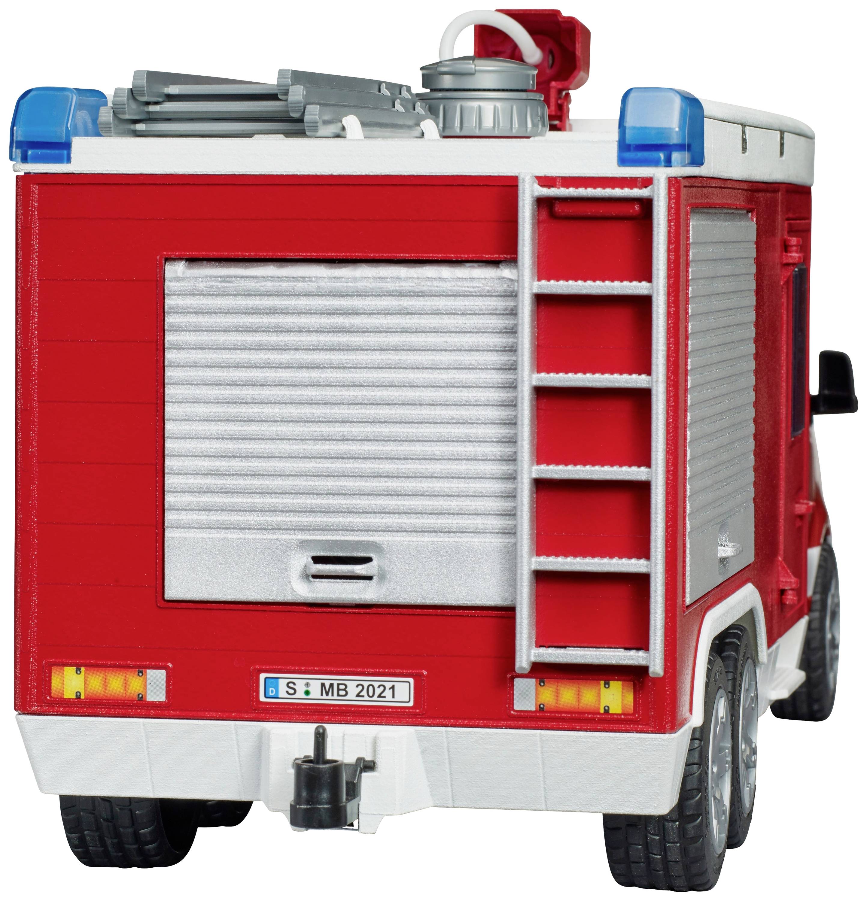 A red toy fire engine with blue lights and a ladder at the back.