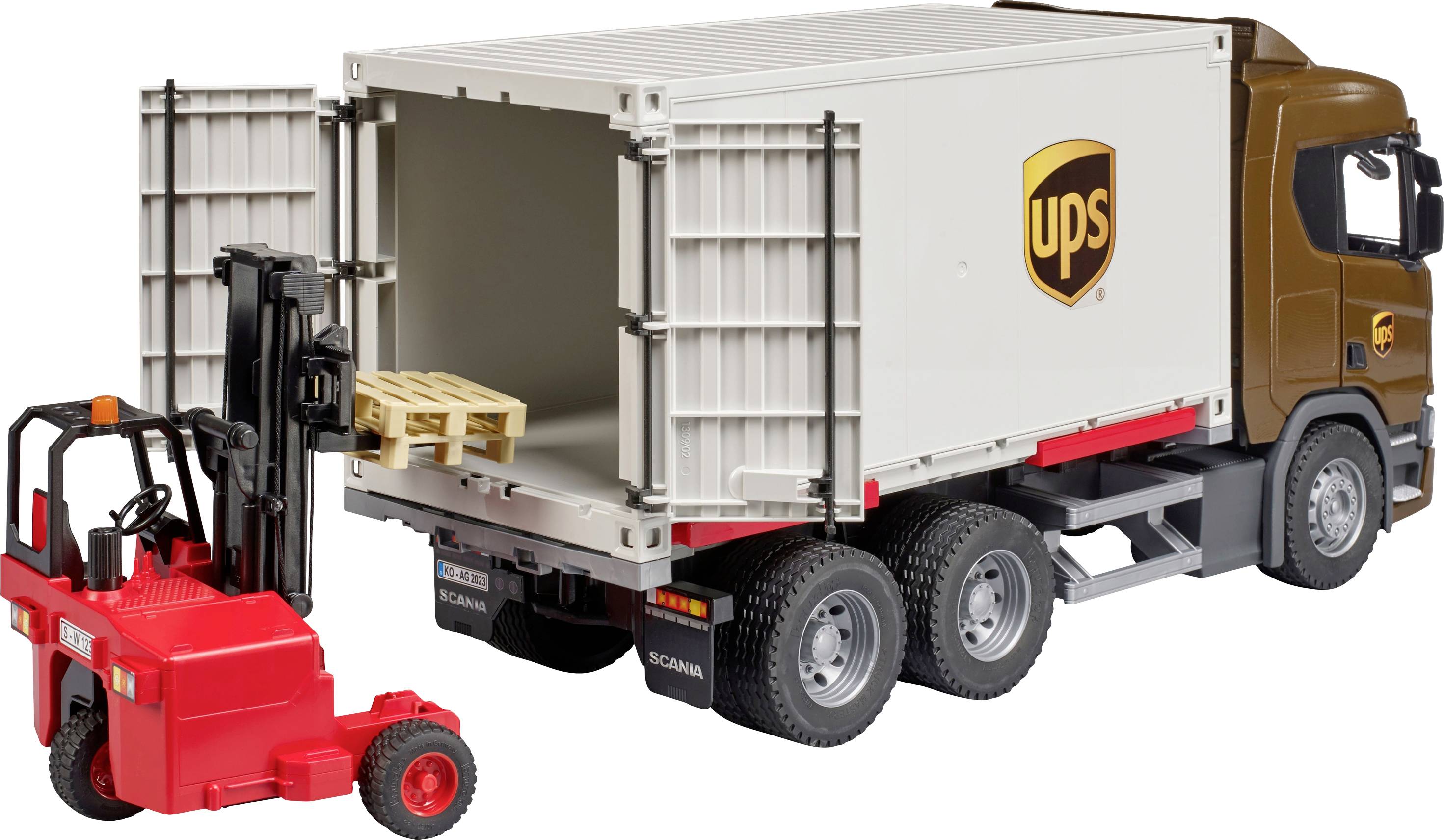 A forklift is loading a pallet into a UPS lorry. The lorry is brown and white with the UPS logo, and the forklift is red.