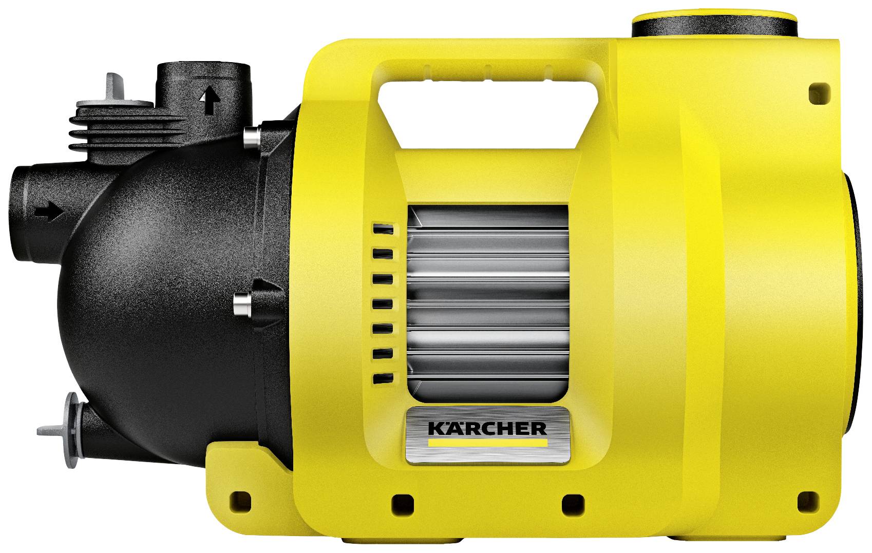 Yellow water pump with black elements by Karcher, side view. Contains handle, round opening on top and ventilation slots.