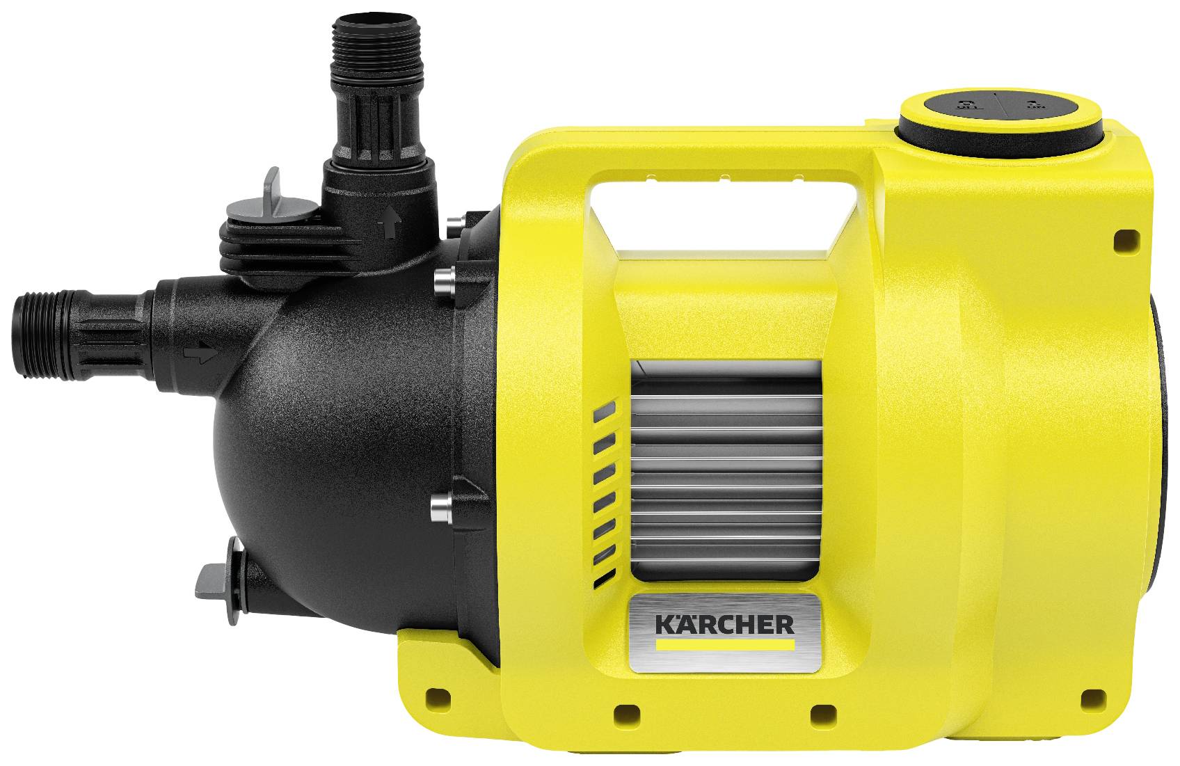 A yellow water pump by Kärcher with black inlet and outlet, suitable for garden and domestic applications.