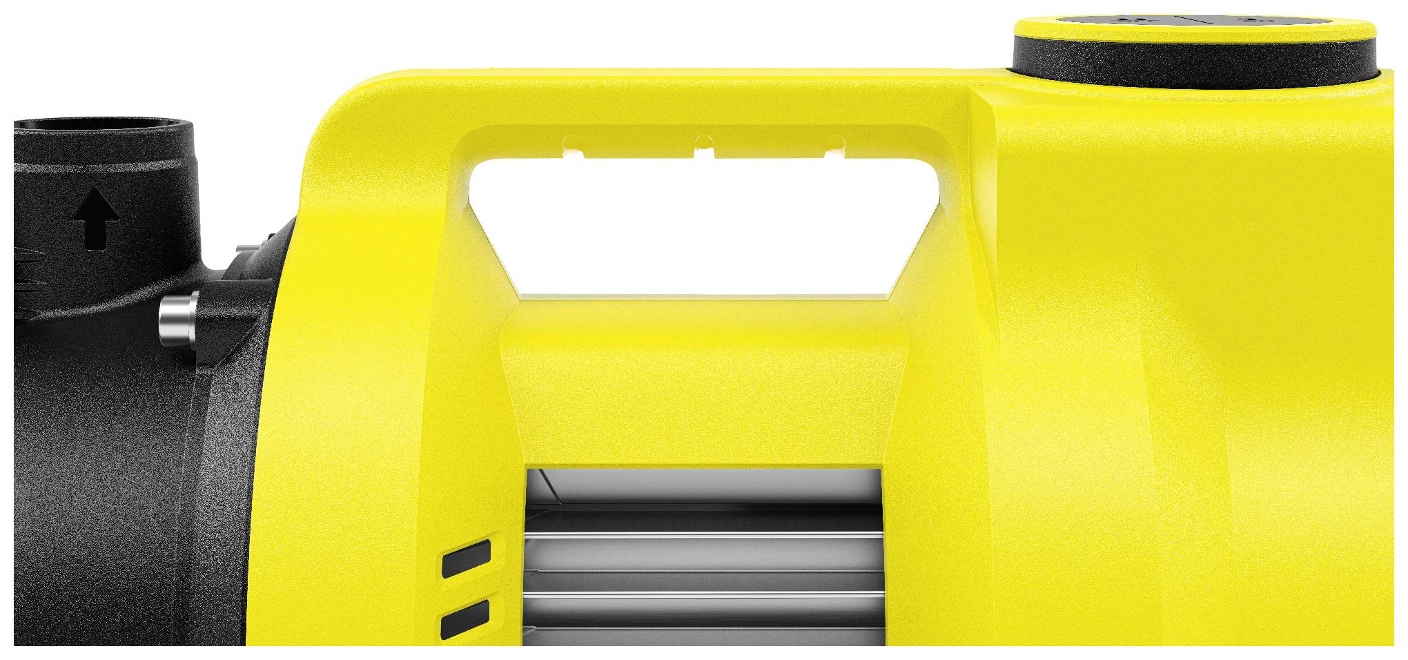 Close-up of a yellow device with a black connector on the left side and a large handle in the centre.