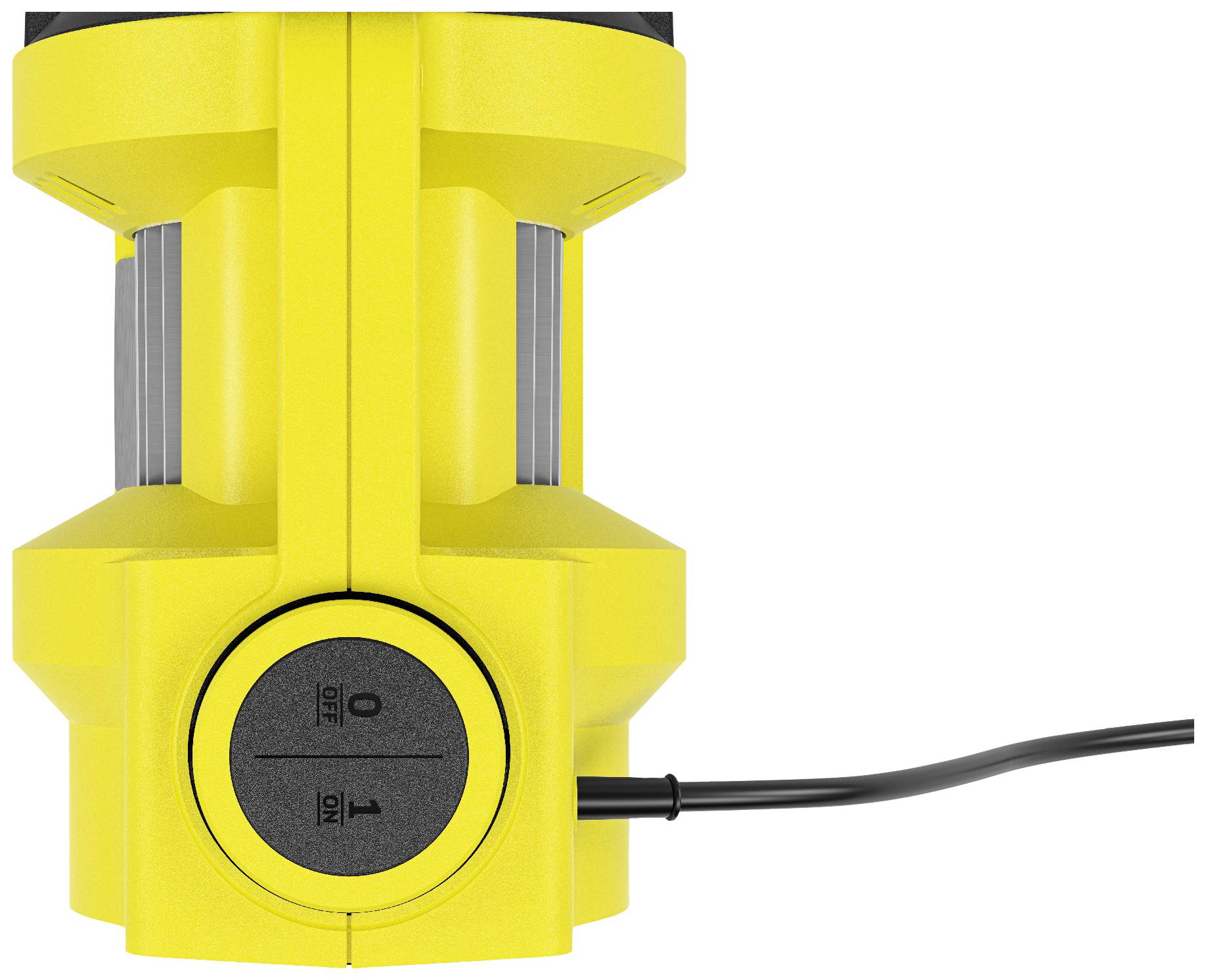 Yellow device with a round grey control panel on top and a cable on the left. The device has vertical grooves and appears technology-related.
