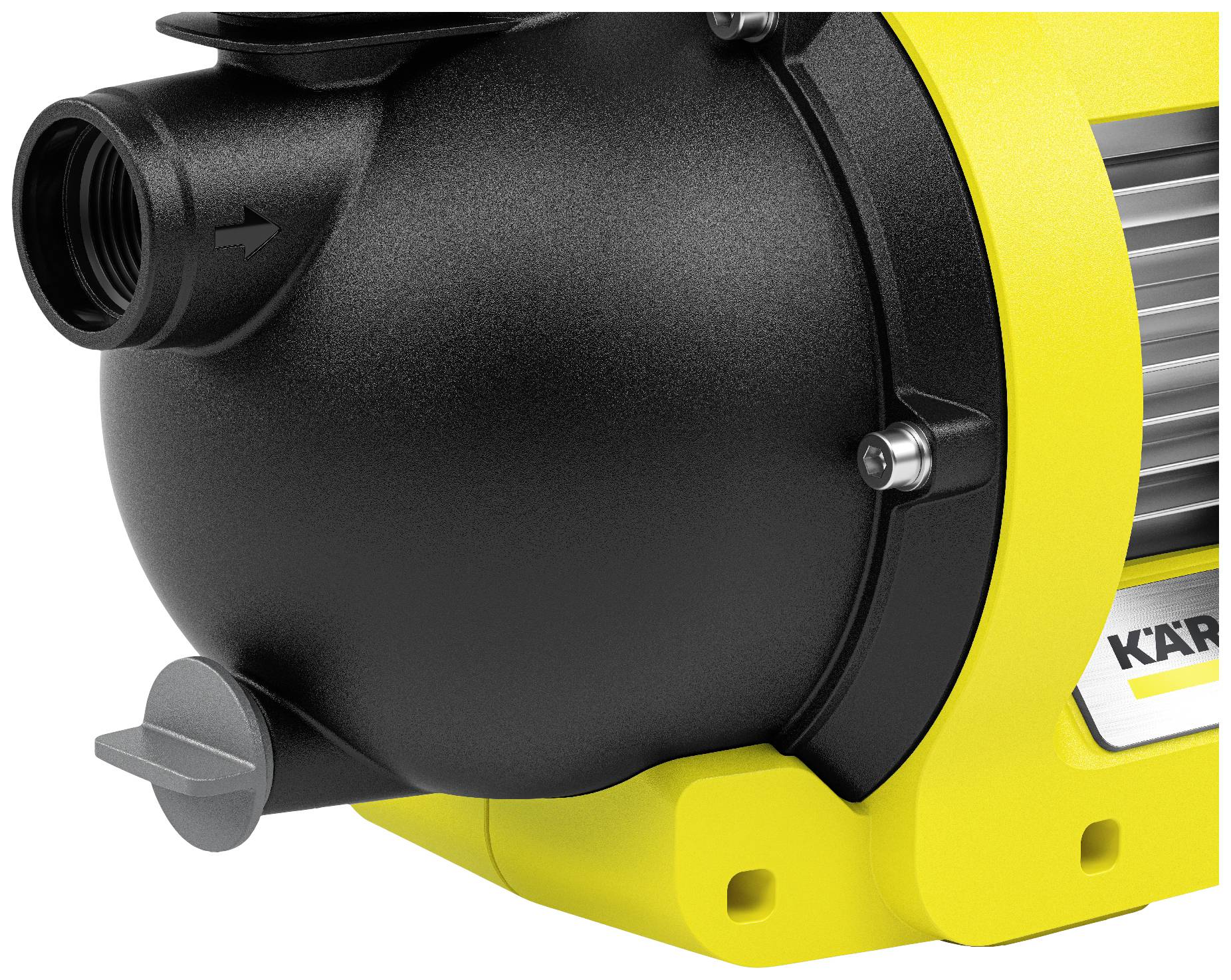 Yellow and black water pump with connection for hose attachment and an arrow indicating the flow direction.