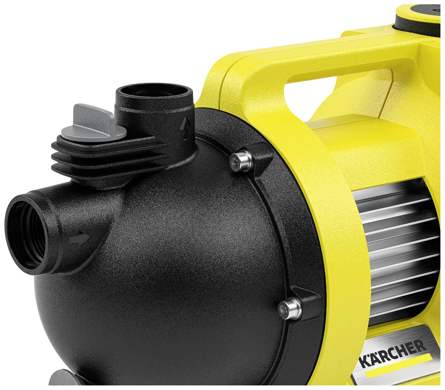 Yellow water pump with black outlet and silver cylinder, marked with a logo.