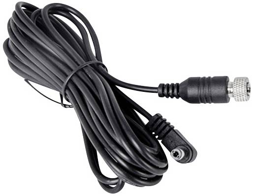 A long, black cable with a plug, coiled in a loop, rests on a white surface.