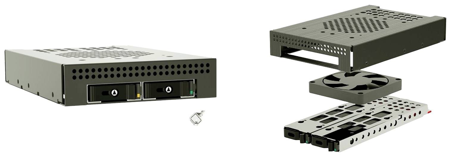 Two views of a computer components housing. Left closed with two bay covers, right disassembled into individual parts.