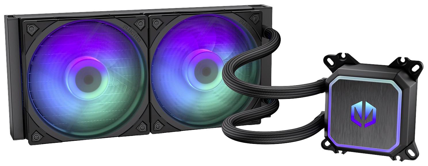 Water cooling system with two illuminated fans and a pump block, connected by tubes, for computer processors.