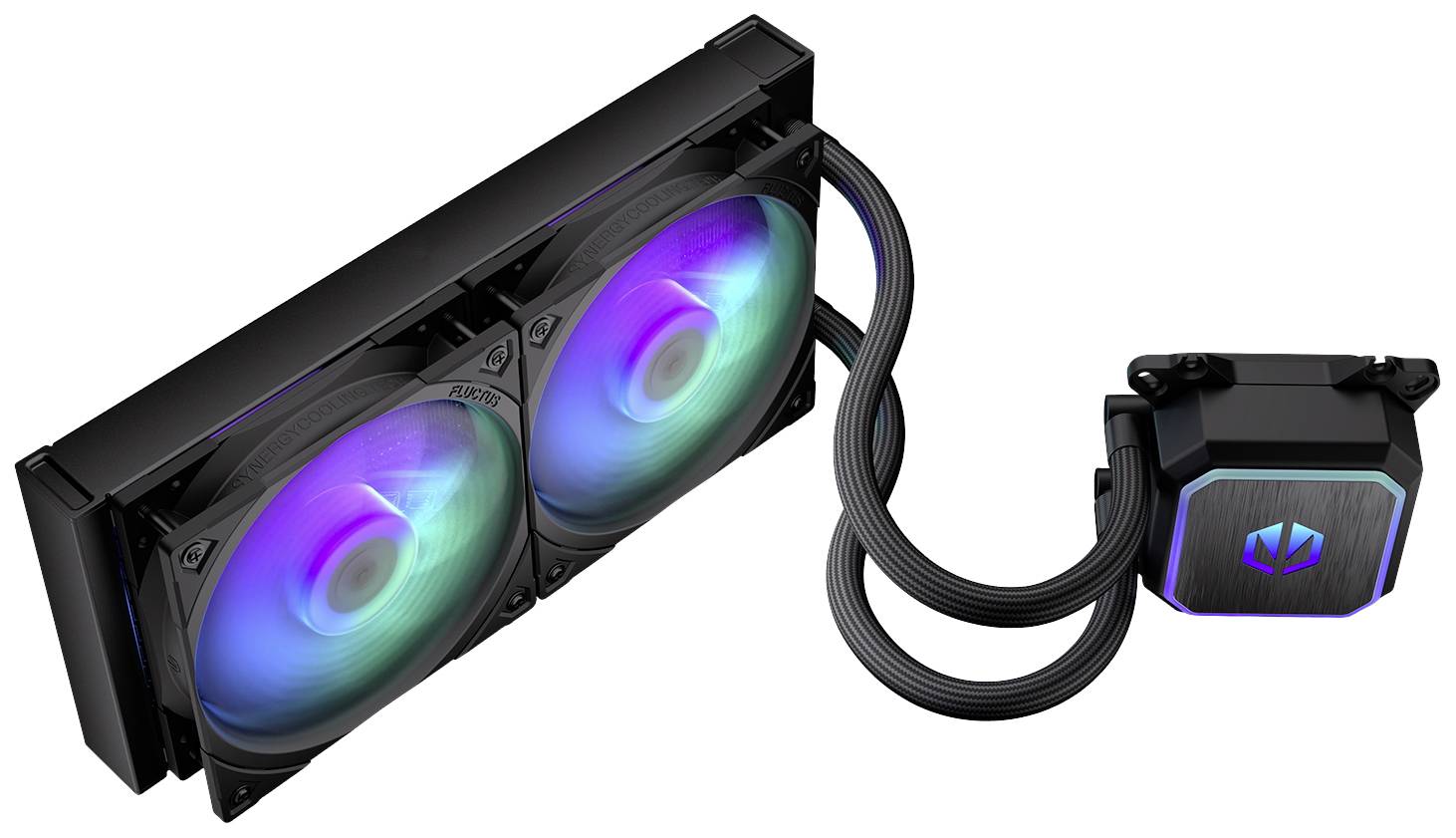 Liquid cooling system with two illuminated fans and cooling block, connected by tubes. Used in computers for heat dissipation.