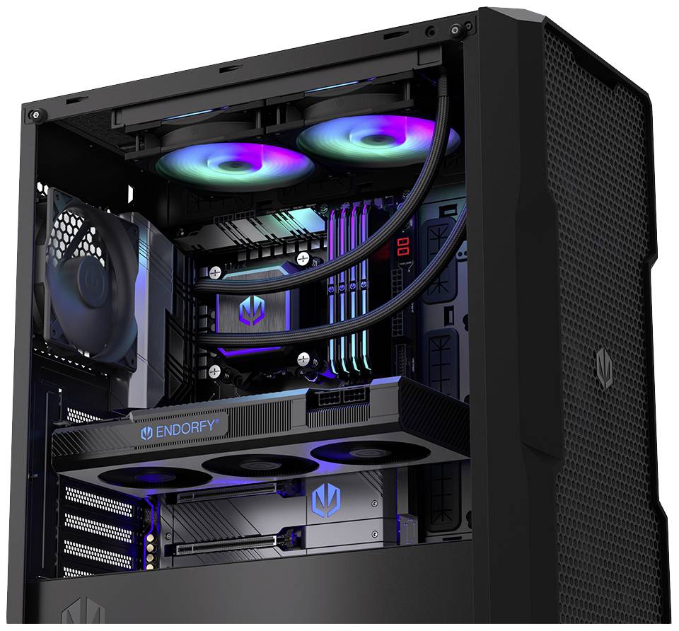 An open computer case reveals glowing, colour-changing LED lights on fans and components.