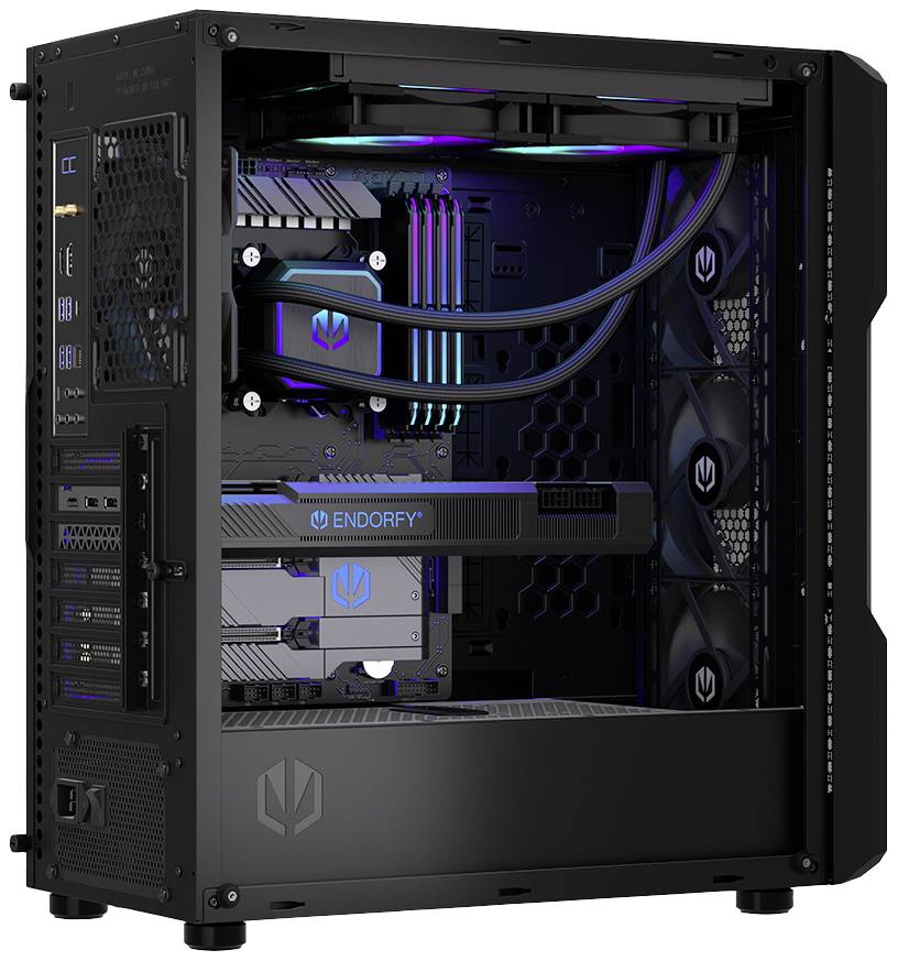 Black computer case with visible internal components: LED lighting, fans, and labelled components. Modern design.