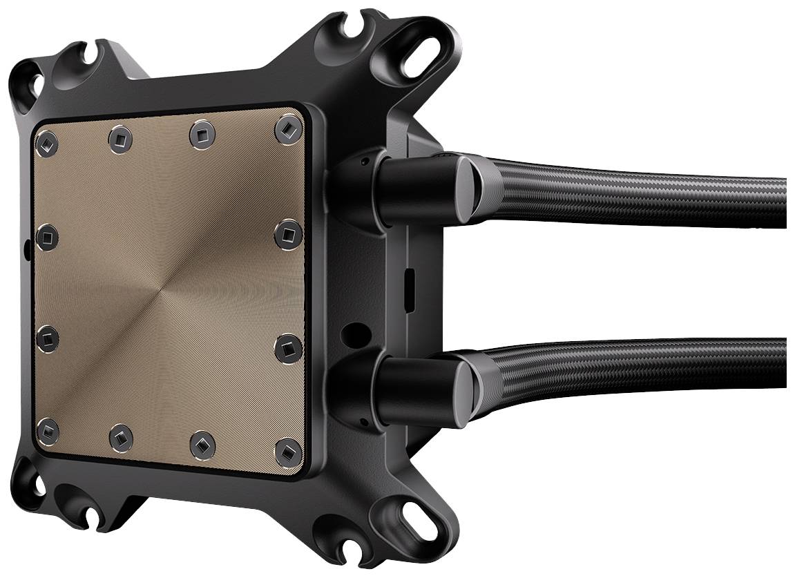 A square cooling unit with a copper base and two flexible pipes for heat dissipation, commonly used in computer cooling systems.