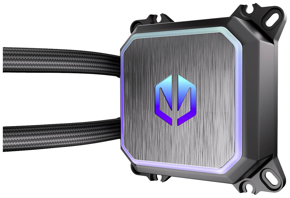 Water cooling block with two tubes and an illuminated logo on a brushed metal casing, used for computer cooling.