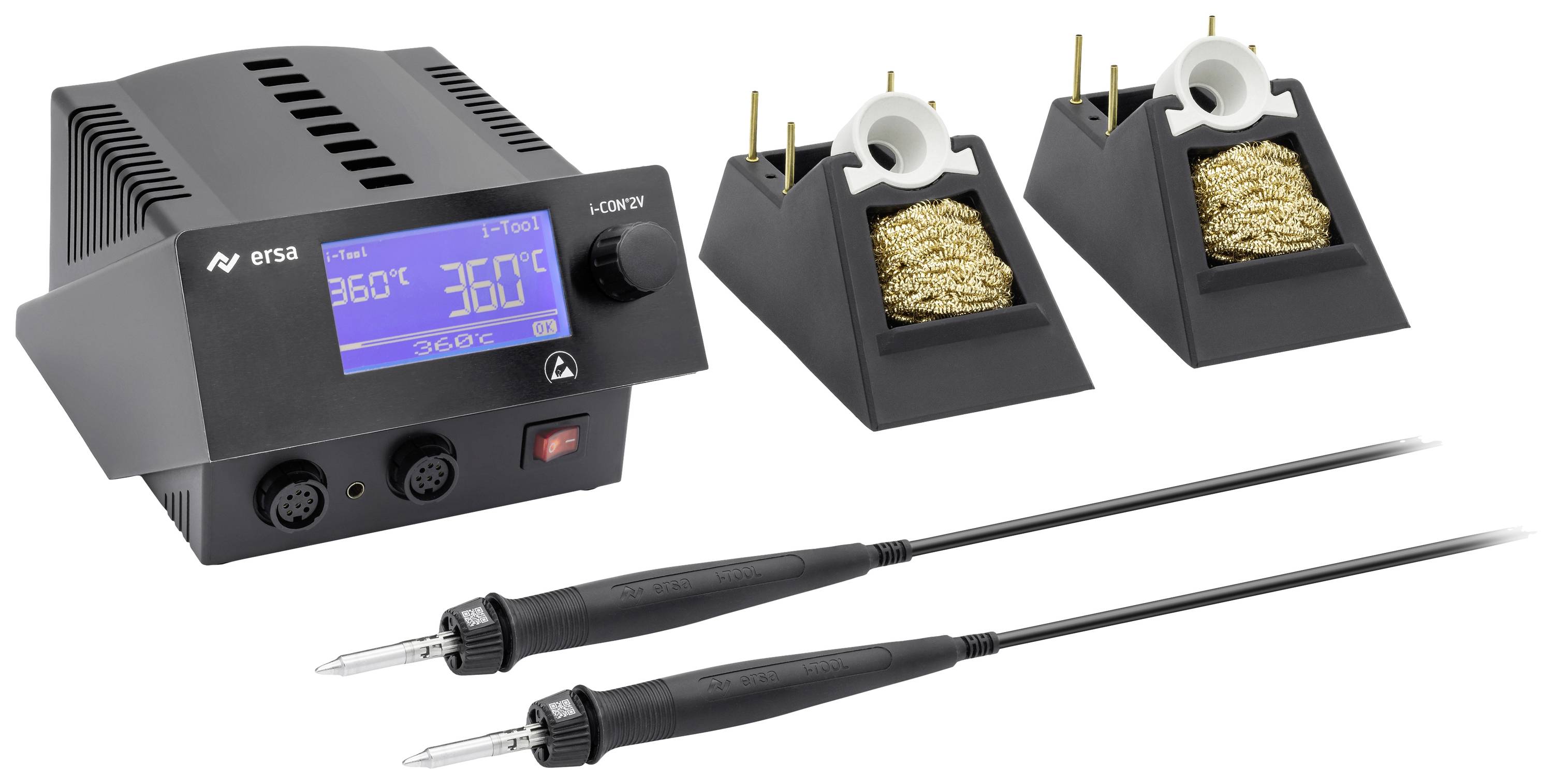 Soldering station with digital display showing '360°C', two soldering tip holders with cleaning sponges, two soldered pins in the holder.