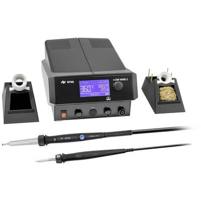 A soldering station set with digital display shows 360 degrees. Two soldering irons and cleaning sponges are included. Suitable for electronic work.