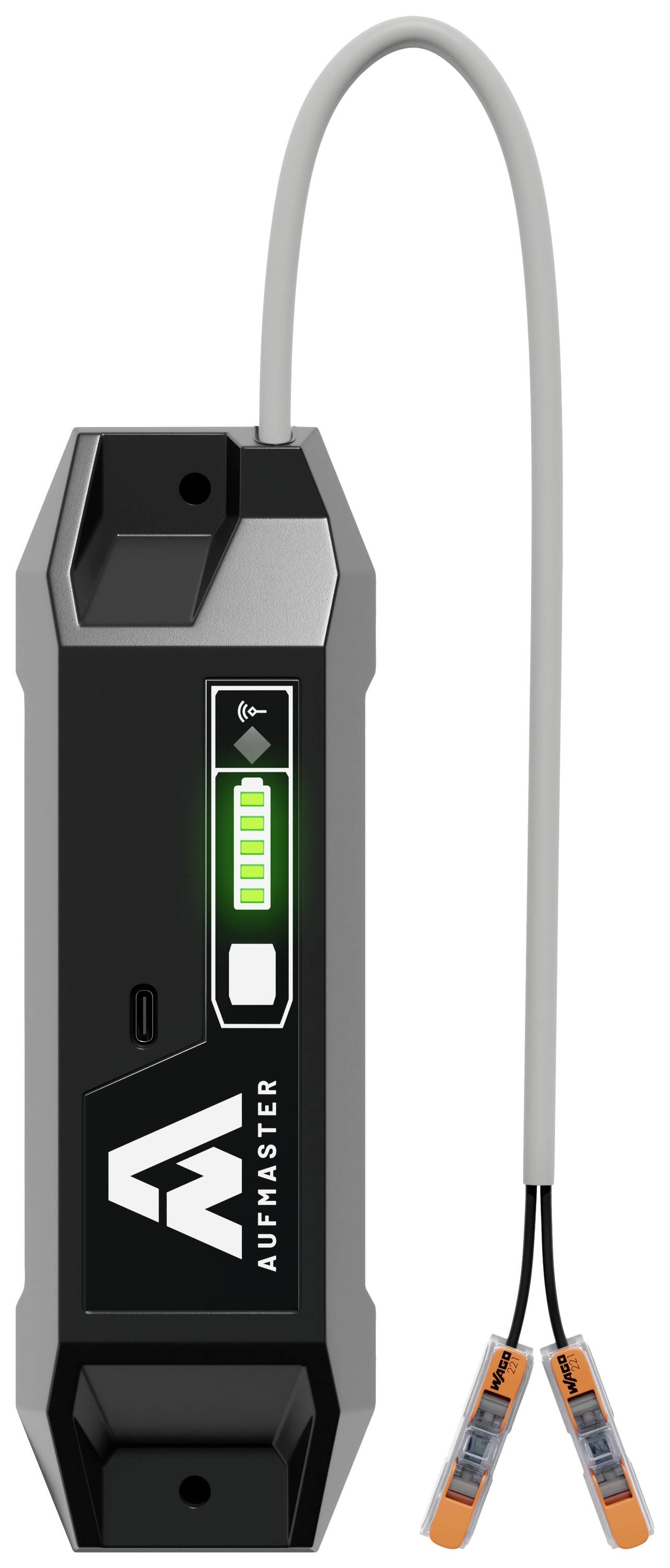 A black charger with a display shows a fully charged battery status. Two cables run from the device.