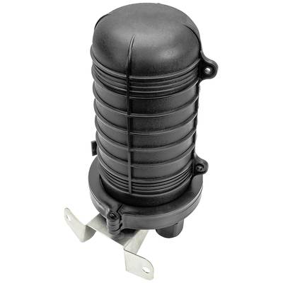 Black, cylindrical plastic casing with grooves and metal mounting bracket, potentially part of a technical device or system.