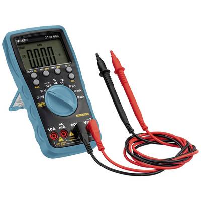 A digital multimeter with black and red test leads, an open display and rotary switch for measuring voltage, current and resistance.
