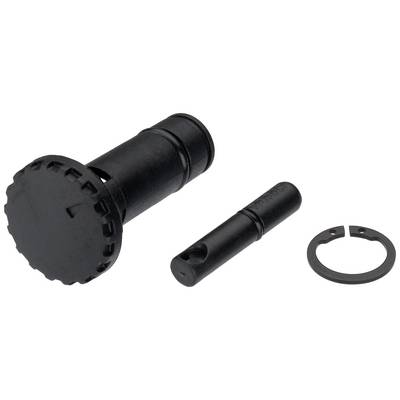 Three black plastic components: A cylinder with a serrated head, a pin with a notch, and a circular mounting ring.