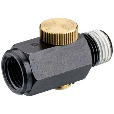 A black valve with a brass-coloured turn knob and two connection threads.