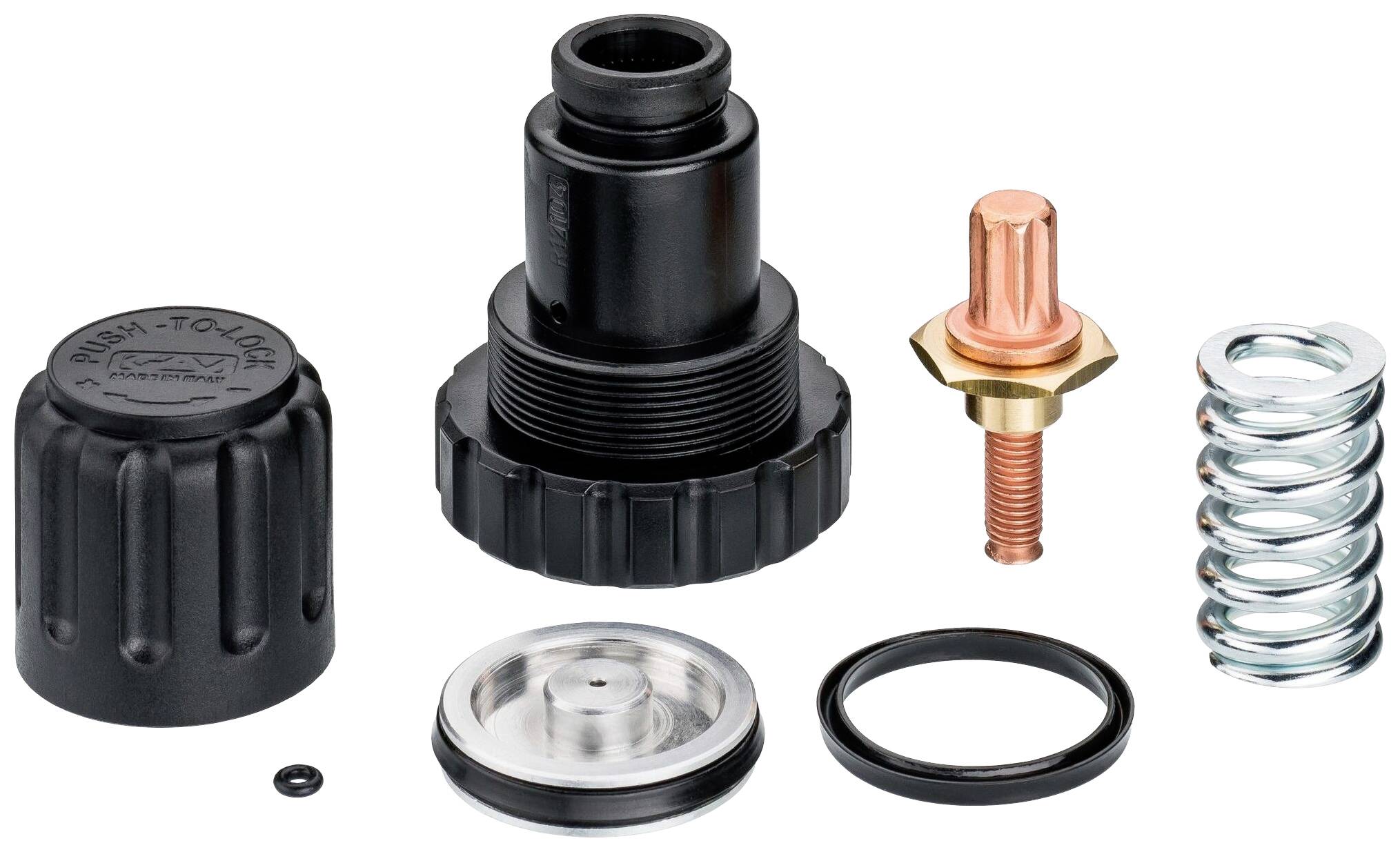 A disassembled pressure control valve assembly with spring, seal, bolt and housing components. Key components for pressure regulation.