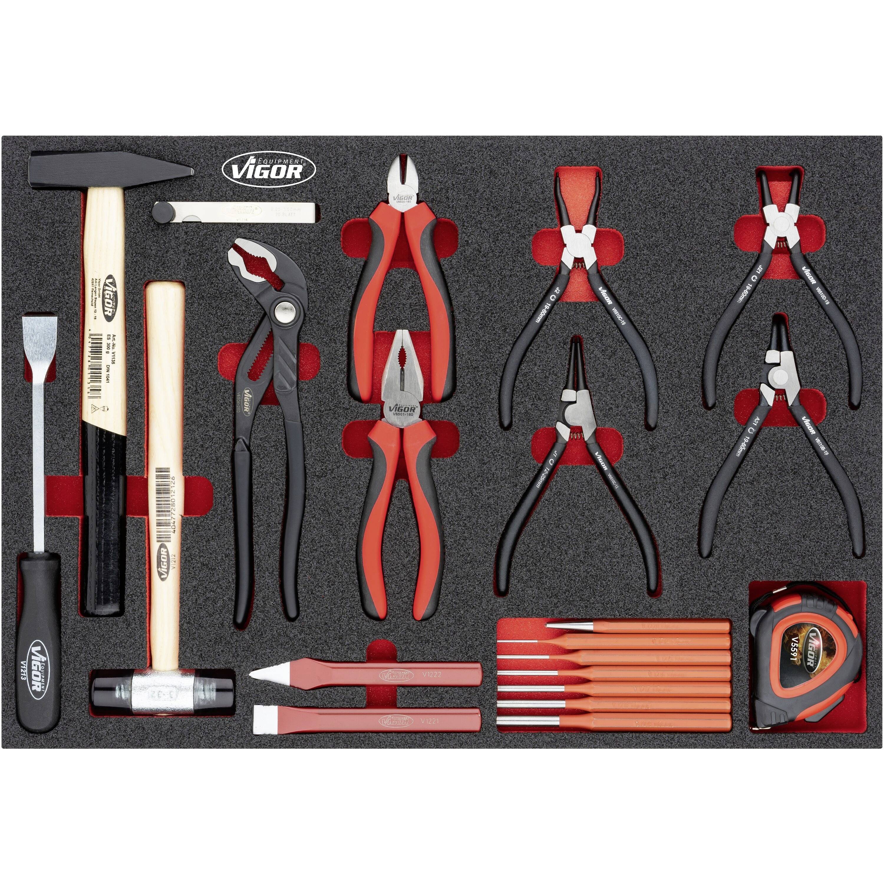 A tool set in a foam insert with a hammer, screwdriver, pliers, tape measure and other hand tools, neatly arranged.