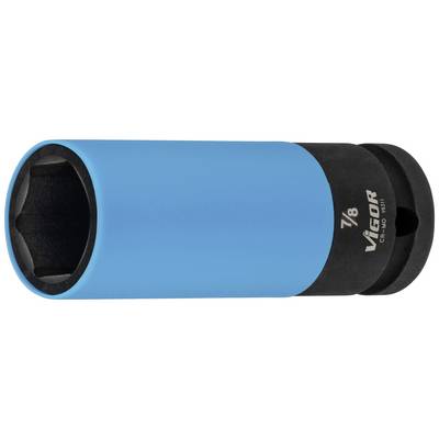 A blue Vigor socket insert in size 7/8 inch, made of metal, for use in conjunction with ratchet tools.