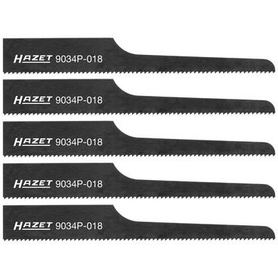 Five 'Hazet' saw blades, model 9034P-018, arranged in a row. Each blade has a serrated edge for cutting.