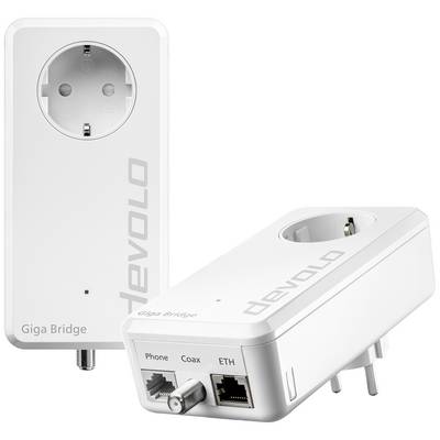 Two white Devolo Giga Bridge adapters: One showing the power plug and connections (Phone, Coax, ETH), the other showing a socket.
