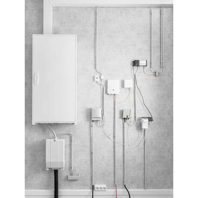 Electrical control panel mounted on a grey wall, with multiple cables and smaller boxes connected, serving to manage electrical connections.