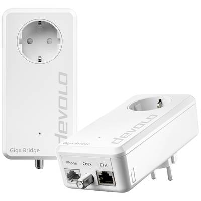 'Devolo Giga Bridge', two white adapters with plug sockets, Ethernet ports and coaxial connections. Used for network connectivity.