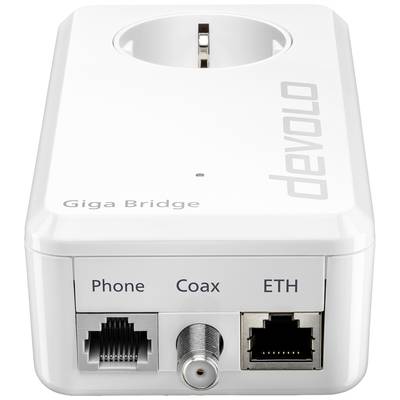 Devolo Giga Bridge device with ports for telephone, coaxial cable, and Ethernet, designed for network connectivity in a plug socket form factor.
