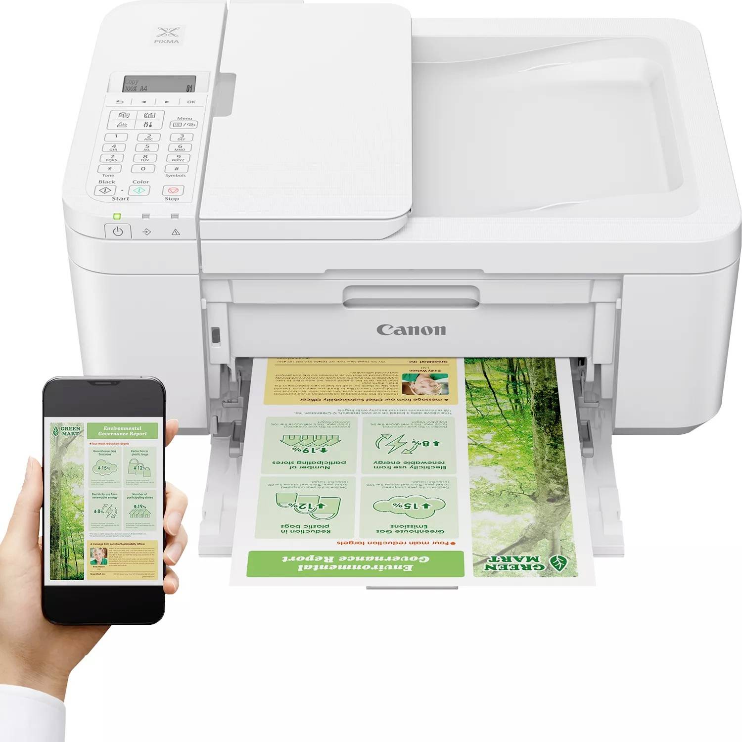 A white printer is printing a coloured sheet with environmental information. A hand is holding a smartphone with a printer preview.