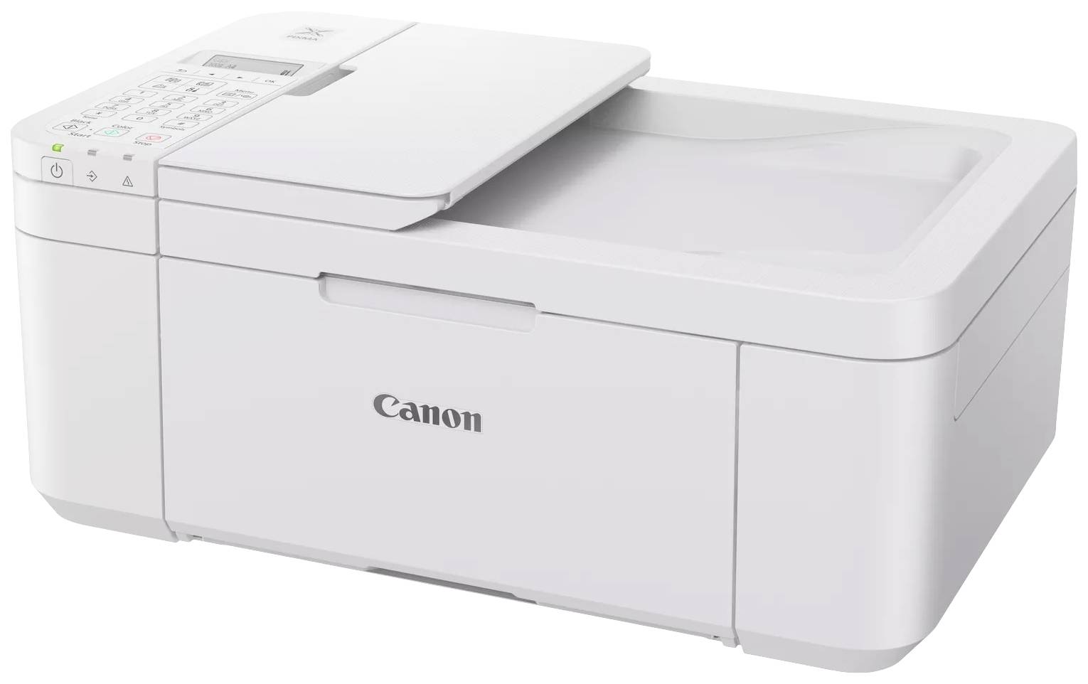 A white multifunction printer by Canon with a scanner lid and control panel on the left side.