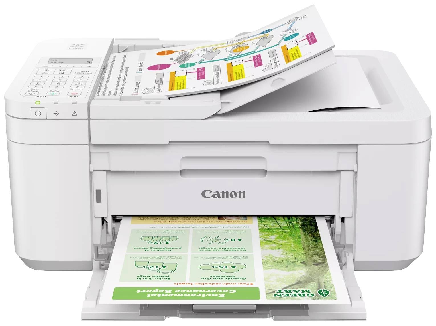 A white printer is outputting a coloured sheet with diagrams. Another printed paper is lying in the document feeder.
