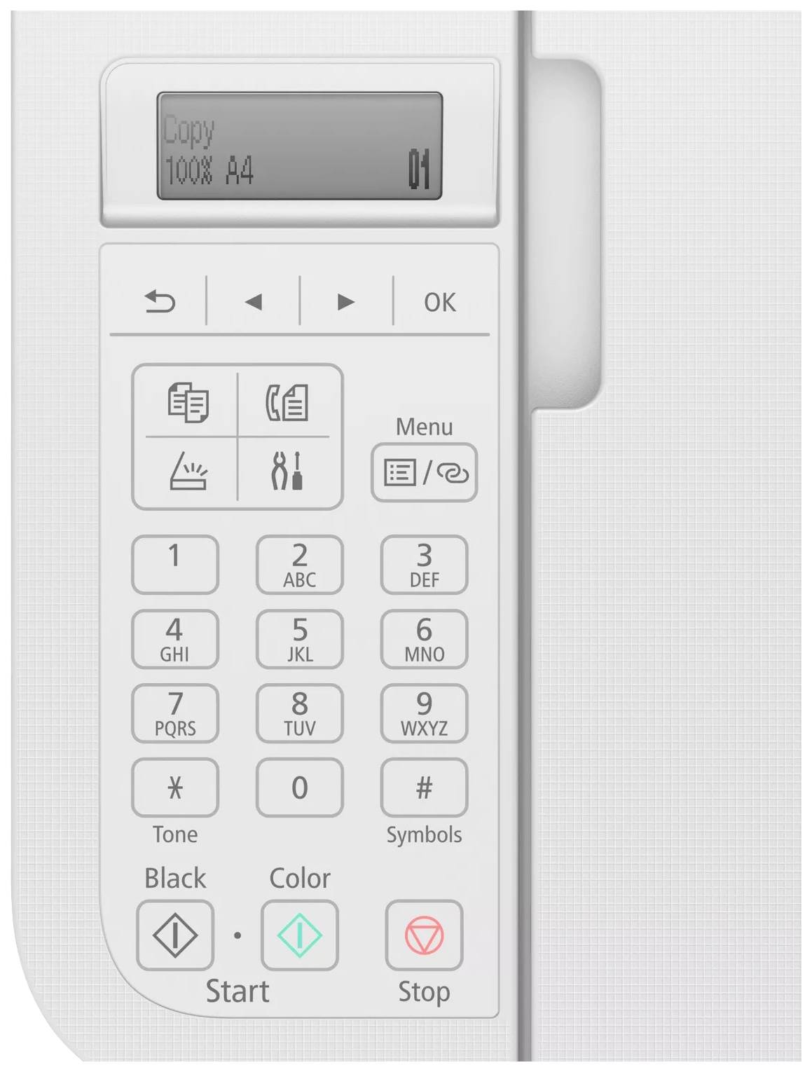 Control panel of a printer with a display and buttons, including those for copying, printing in black or colour. Display shows 'Copy 100% A4'.