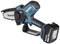 Battery-powered mini chainsaw in blue with a black handle and safety markings. Brand name visible on the guide bar and device.