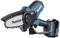 Battery-powered Makita chainsaw with a compact design and blue-black housing, perfect for cutting in hard-to-reach areas.