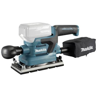 A blue, electric Makita angle grinder with handle and dust bag, shown from the side.