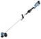 Cordless blue and black string trimmer with an adjustable handle and safety guard, suitable for lawn maintenance.