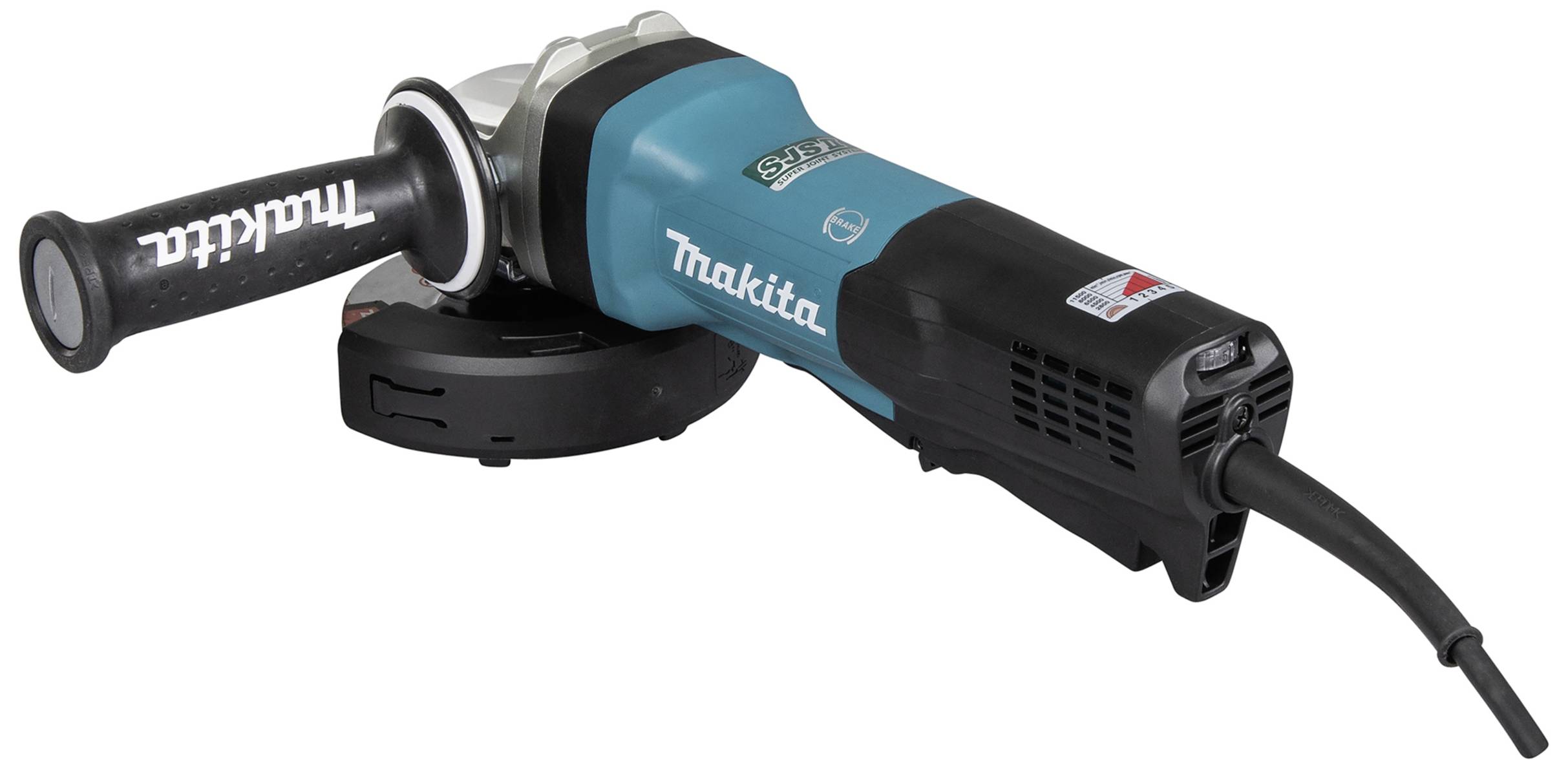 Angle grinder with blue casing and black handle, brand name on tool body. Electric tool for grinding or cutting.