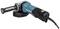 Angle grinder with blue casing and black handle, brand name on tool body. Electric tool for grinding or cutting.