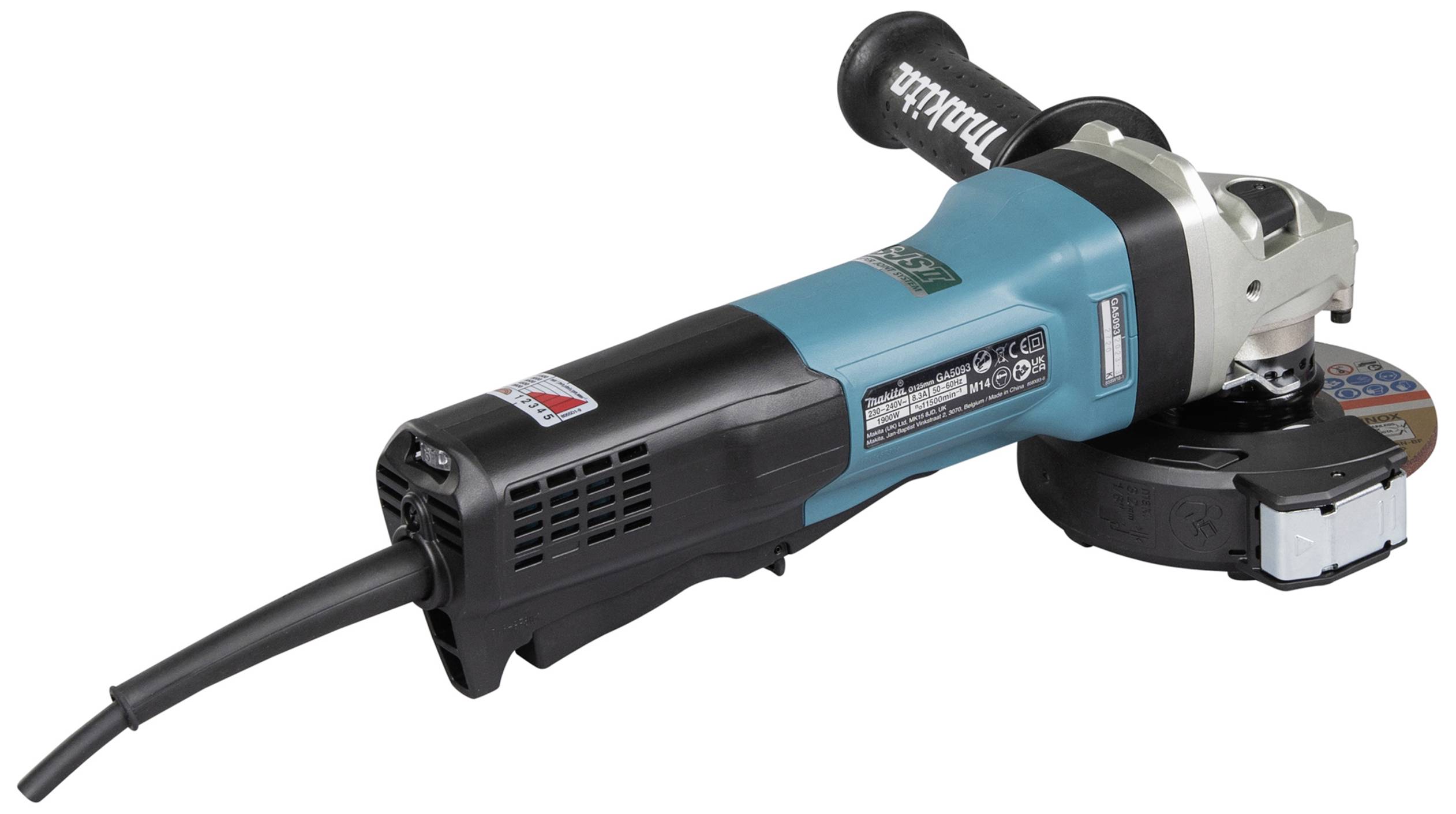 Angle grinder with blue-black housing and protective guard, suitable for cutting and grinding materials.