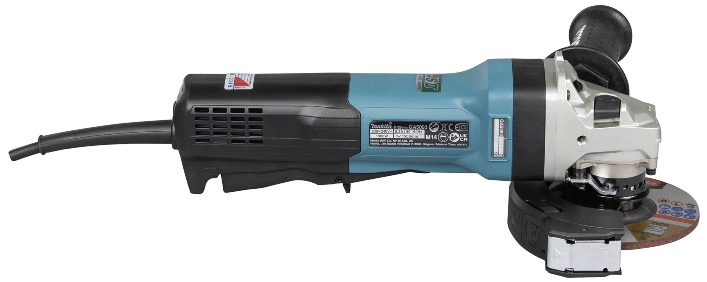 A blue and black angle grinder with a side handle and a grinding disc attachment.