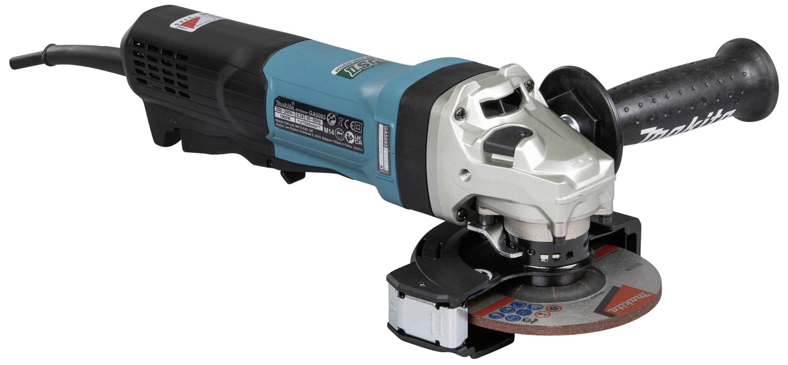 Electric angle grinder with black and blue casing, side handle, and grinding disc on a white surface.