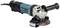 Electric angle grinder with black and blue casing, side handle, and grinding disc on a white surface.