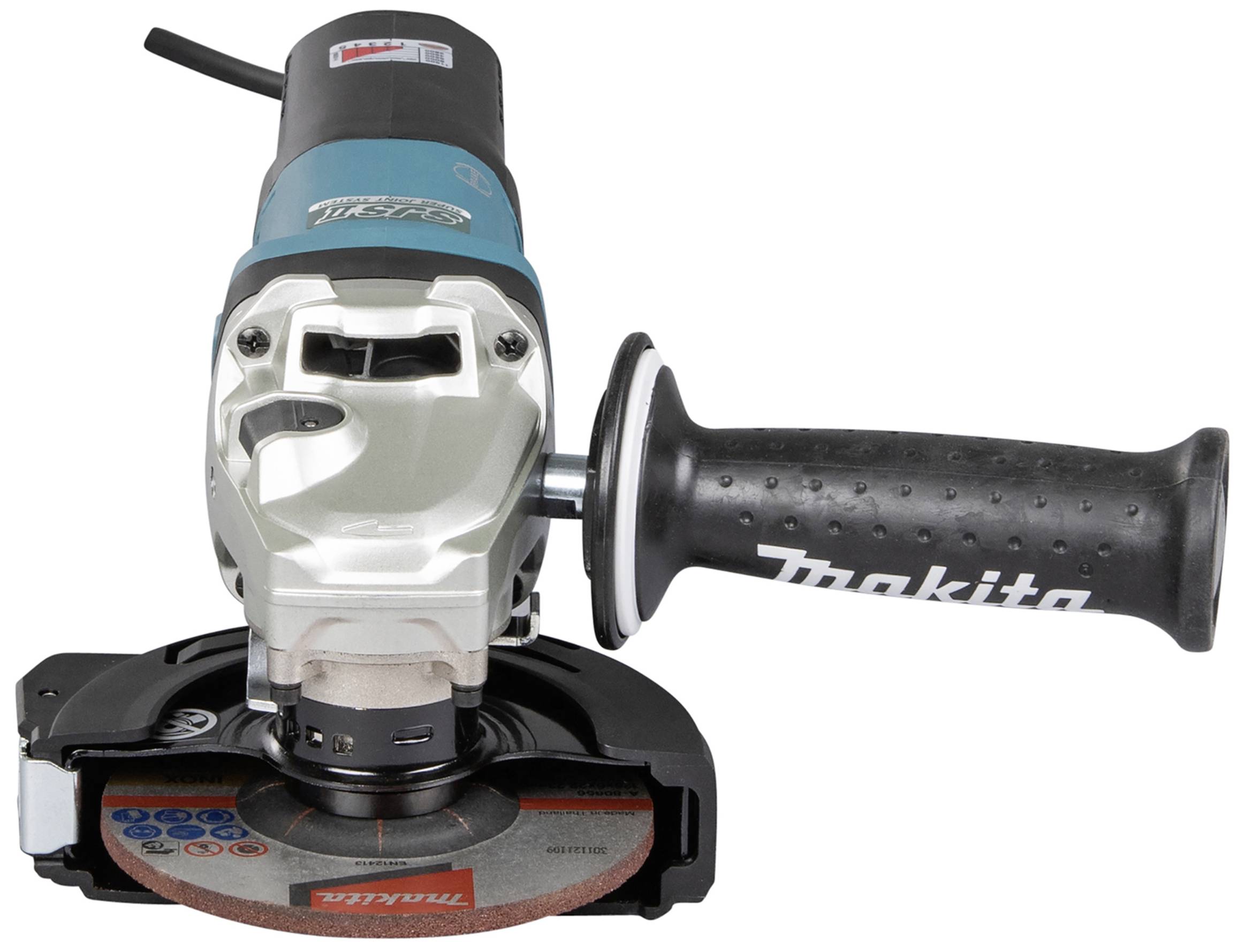 A Makita angle grinder with a blue-black casing and ergonomic handle, suitable for grinding and cutting materials.