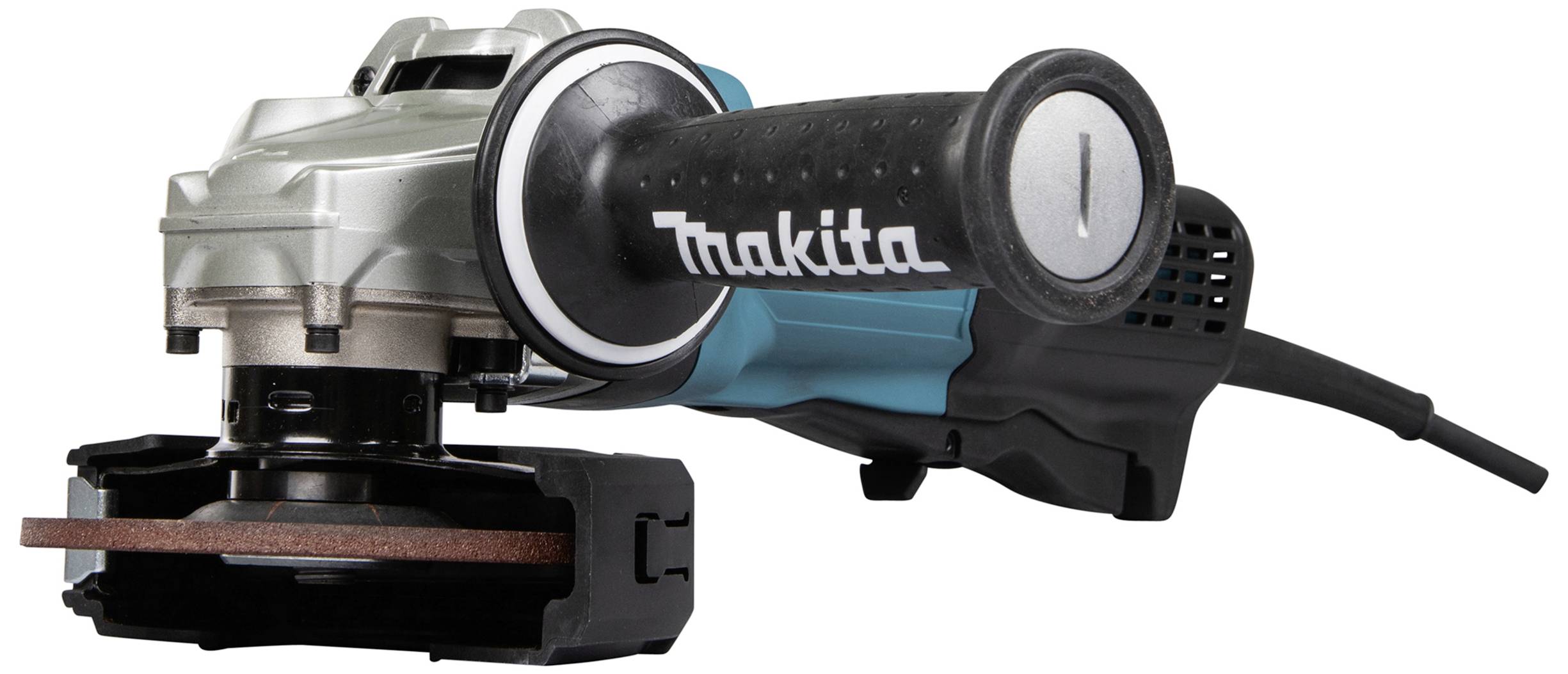 Electric angle grinder with ergonomic handle and blue-black casing, suitable for grinding and cutting work.