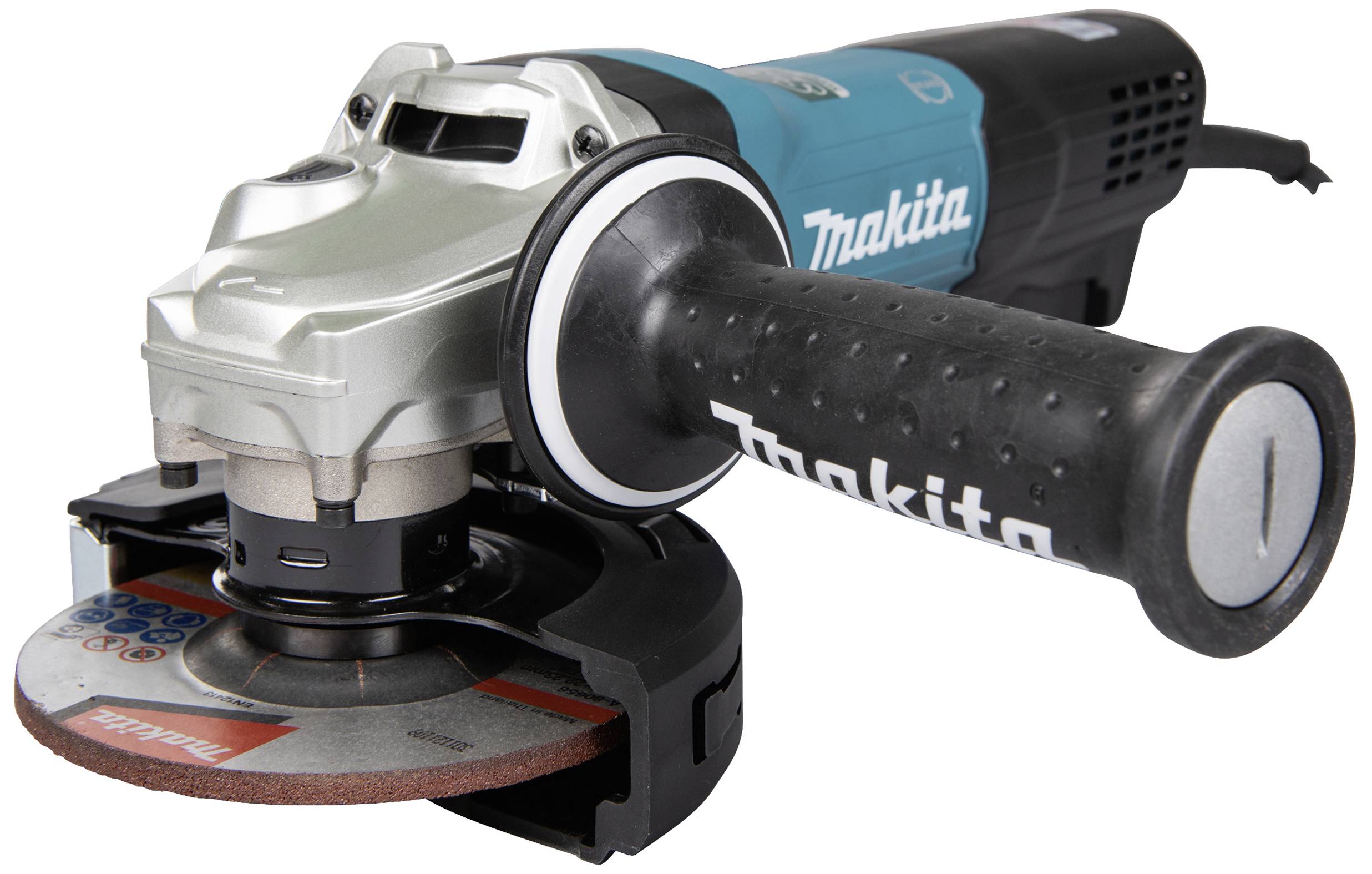 'Makita angle grinder with black handle and circular grinding disc. Tool for cutting and grinding work.'