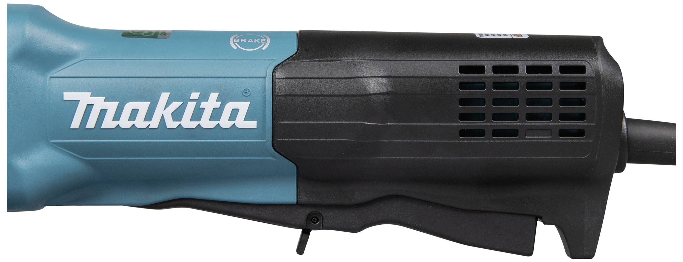 A blue and black electric Makita saw shown from the side, with the handle and drive mechanism visible, Makita trademark clearly displayed.