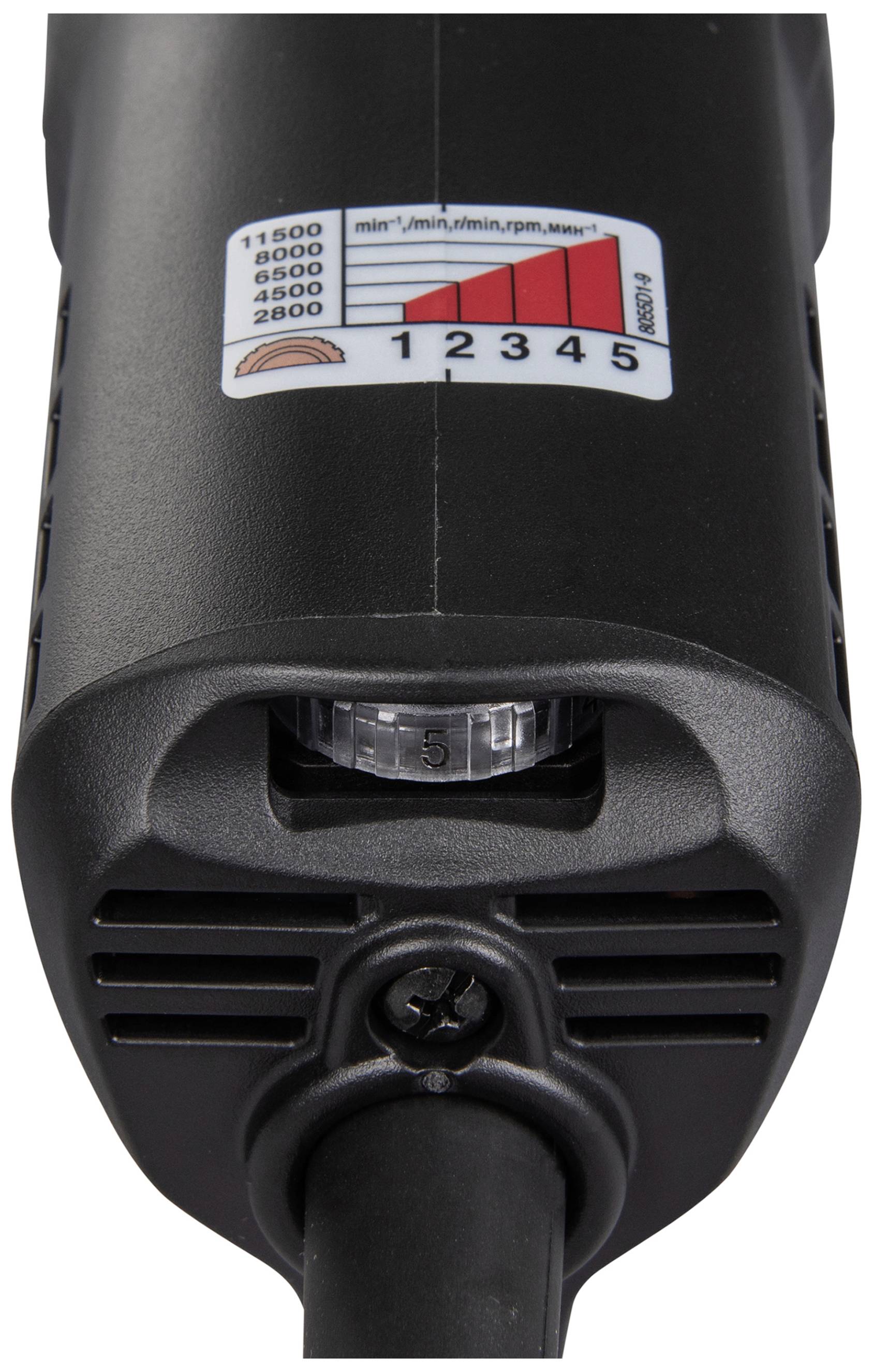 'Close-up of a corded electric power tool with switch and speed indicator ranging between 2,800 and 11,500 rpm.'